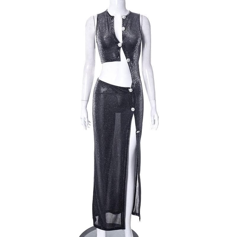 Glitter Asymmetrical Cutout Diagonal Button Sleeveless High Slit Maxi Dress