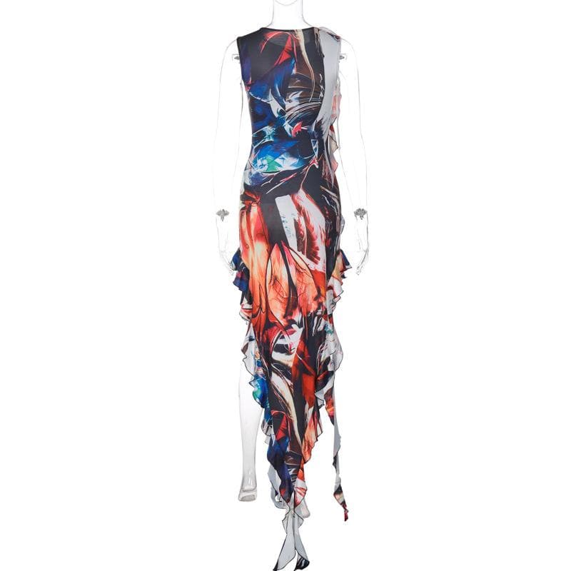 Round Neck Abstract Print Flower Applique Ribbon Sash Ruched Maxi Dress