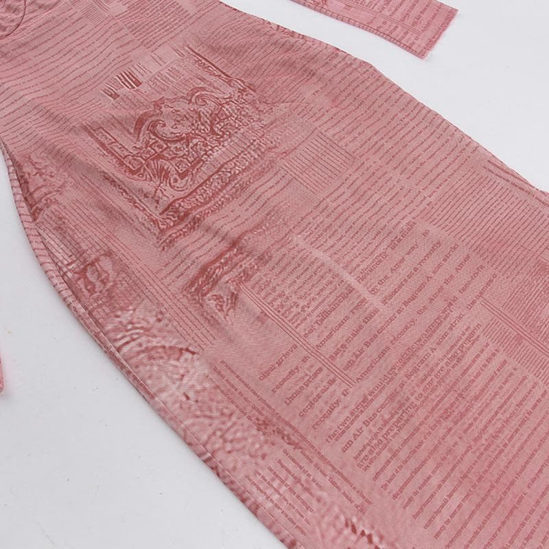 Lace Trim Square Neck Long Sleeve Newspaper Print Bodycon Midi Dress