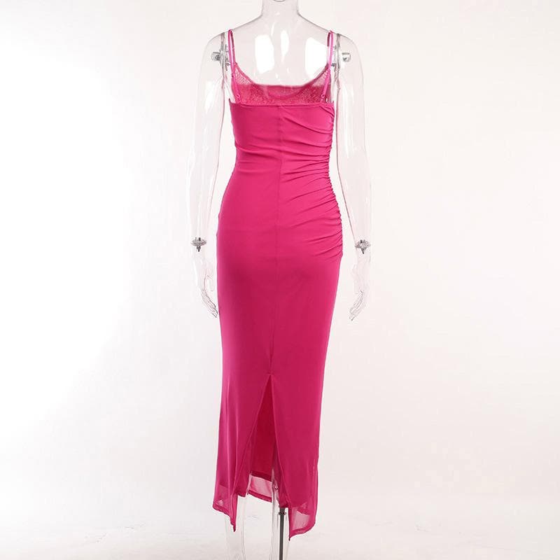 Scoop Neck Lace Trim Ruched Spaghetti Strap Midi Dress