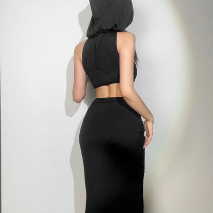 Hooded Sweetheart Criss Cross Midriff Cutout Ruched Bodycon Maxi Dress