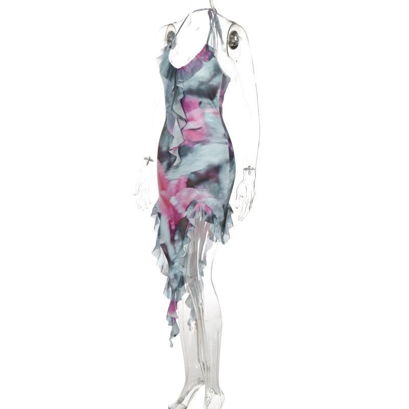 Tie-Dye Print Halter Ruffle Trim Asymmetrical Handkerchief Hem Mini Dress