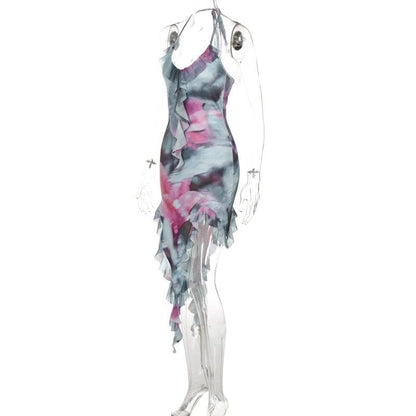 Tie-Dye Print Halter Ruffle Trim Asymmetrical Handkerchief Hem Mini Dress