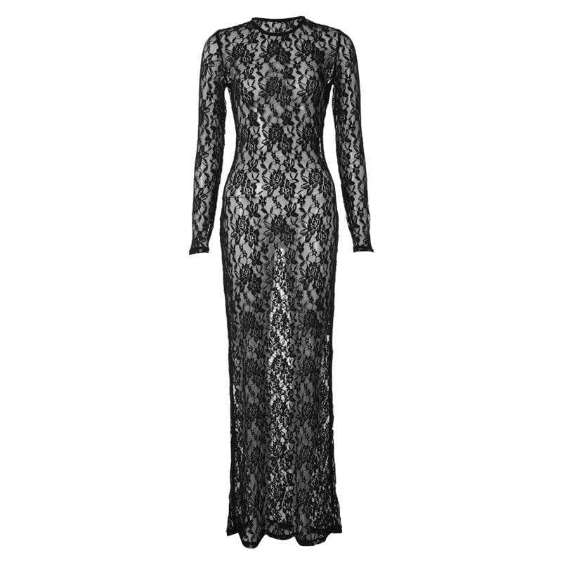Floral Lace Long Sleeve Crewneck Sheer Bodycon Maxi Dress
