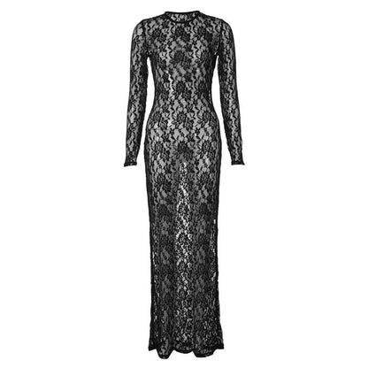 Floral Lace Long Sleeve Crewneck Sheer Bodycon Maxi Dress