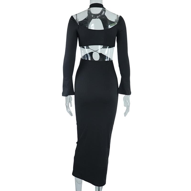 Mock Neck Cutout Criss Cross Long Sleeve Maxi Dress