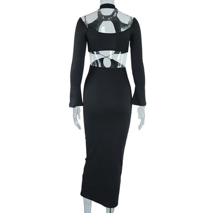 Mock Neck Cutout Criss Cross Long Sleeve Maxi Dress