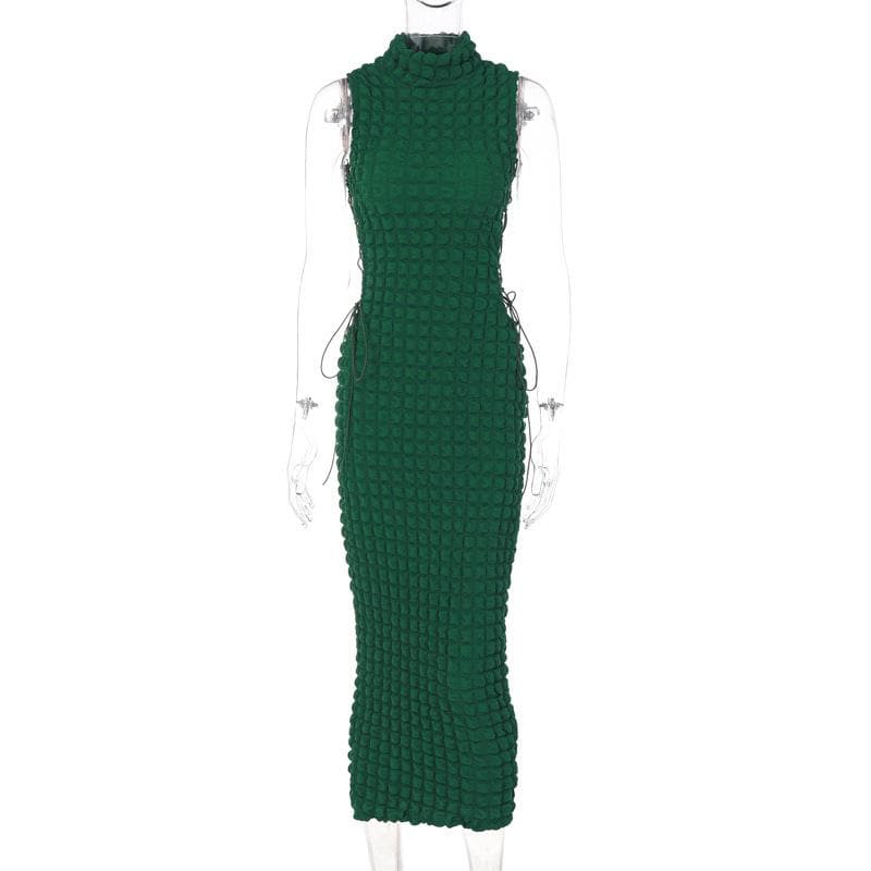 Mock Neck Waffle Texture Lace Up Side Cutout Maxi Dress