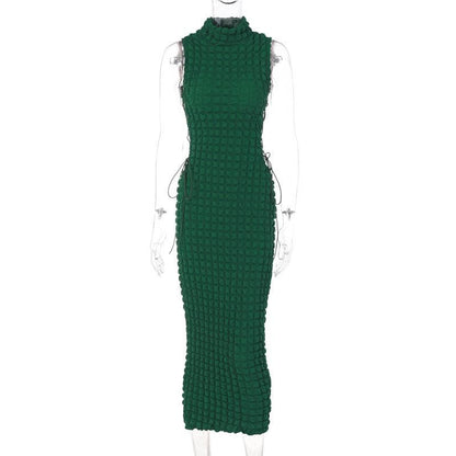 Mock Neck Waffle Texture Lace Up Side Cutout Maxi Dress