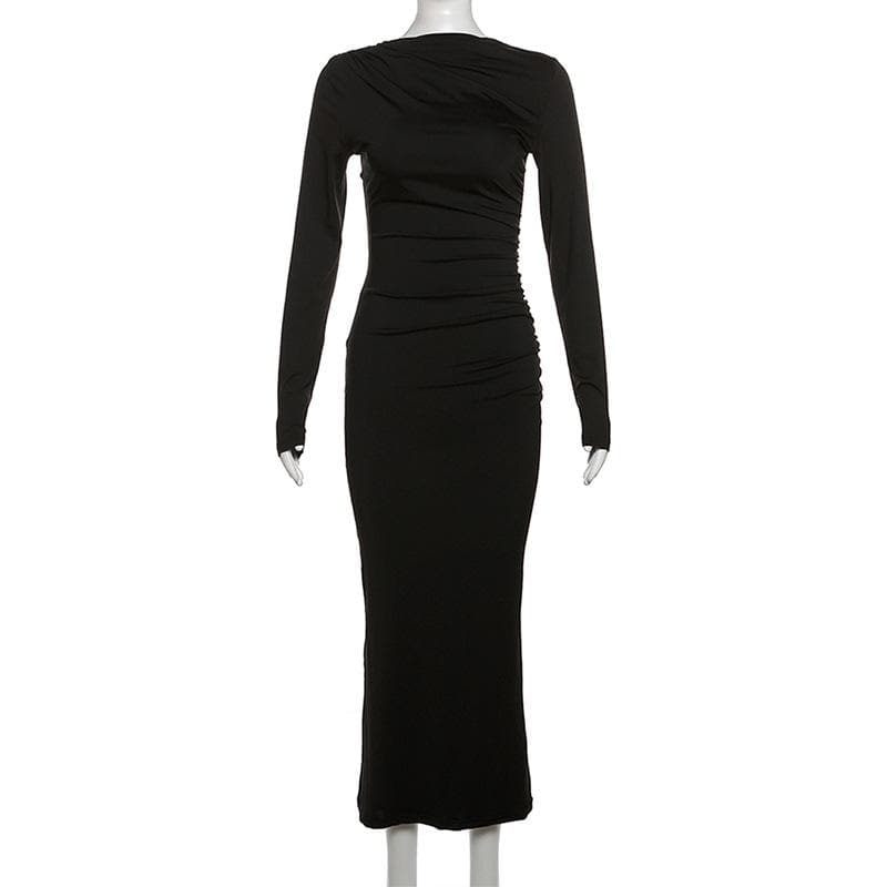 Boat Neck Ruched Gathered Long Sleeve Zip Maxi Dress