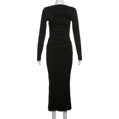 Boat Neck Ruched Gathered Long Sleeve Zip Maxi Dress