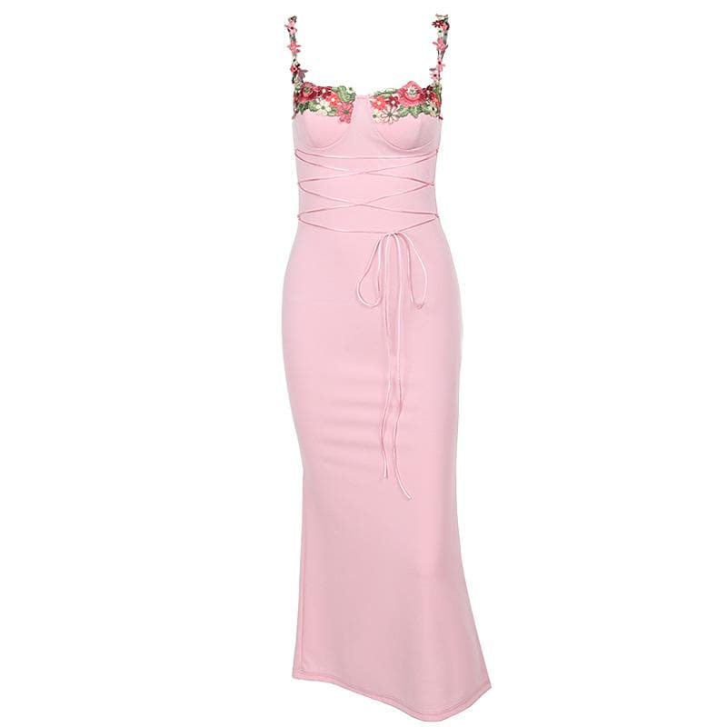 Sweetheart Neck Floral Embroidery Lace-Up Ribbon Bodycon Maxi Dress