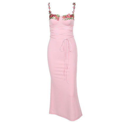 Sweetheart Neck Floral Embroidery Lace-Up Ribbon Bodycon Maxi Dress