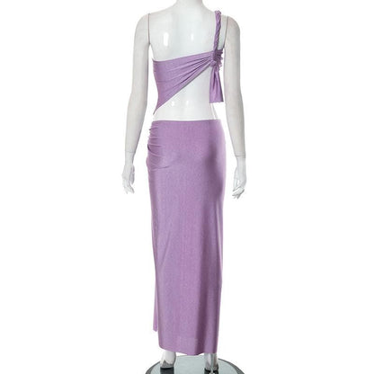 One Shoulder Knotted Waist Side Cutout Ruched High Slit Floor Length Maxi Dress