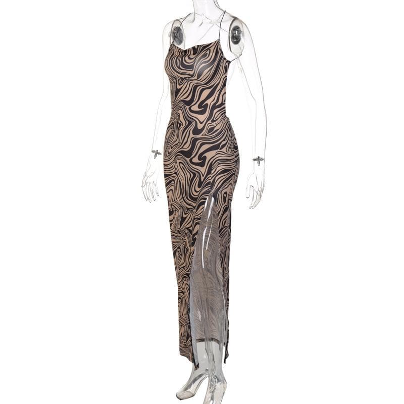 Marble Print Spaghetti Strap Cowl Neck Slit Midi Dress