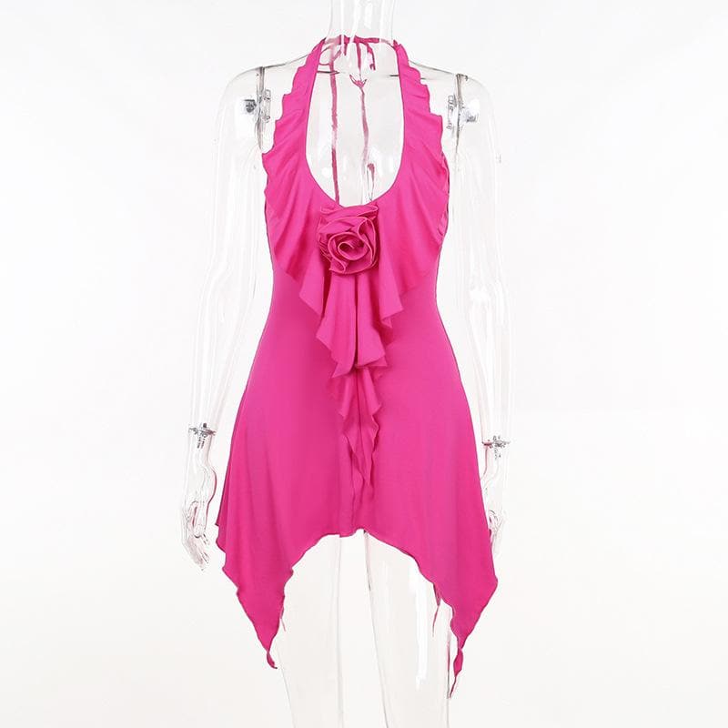 Halter Deep V Rosette Applique Ruffle Trim Asymmetric Hem Mini Dress