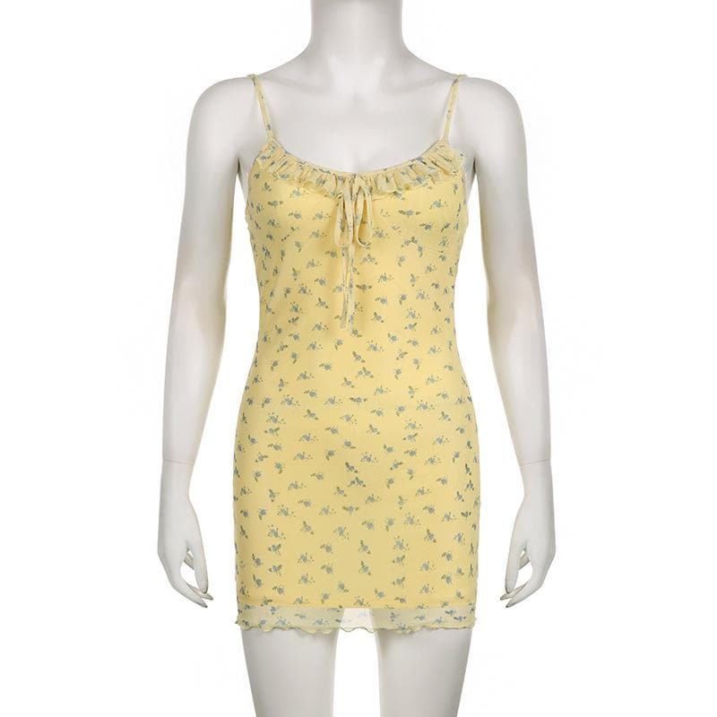 Floral Print Mesh Ruffle Self Tie Cami Mini Dress