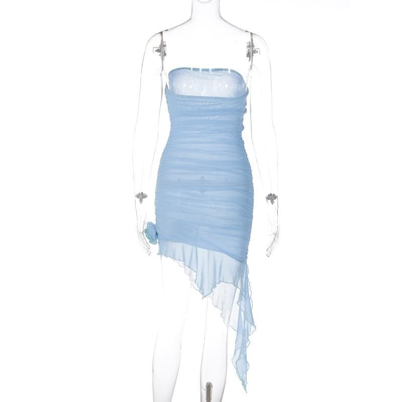 Strapless Ruched Mesh Rosette Asymmetric Hem Mini Dress