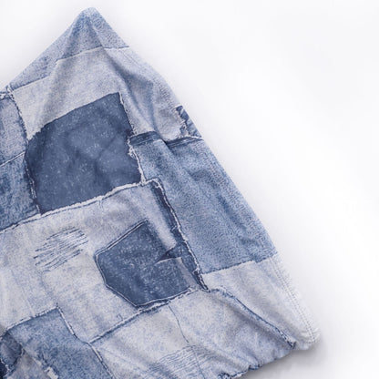 Strapless Denim Patchwork Ruched Drawstring Asymmetric Hem Mini Dress