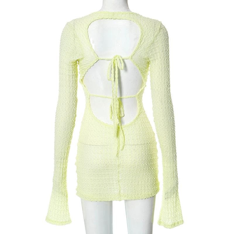 Crew Neck Honeycomb Lattice Knit Bell Cuff Bodycon Mini Dress