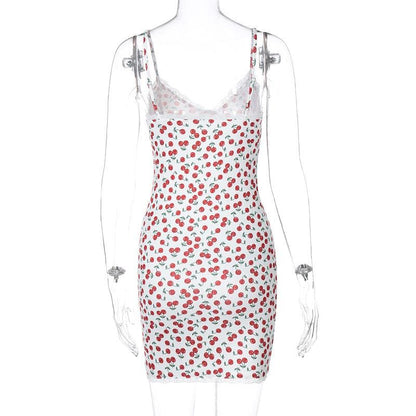 Sweetheart Lace Trim Print Spaghetti Strap Bodycon Mini Dress