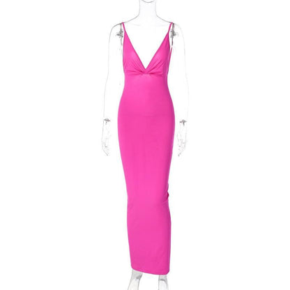 Ruched Back Deep V Backless Spaghetti Strap Maxi Dress