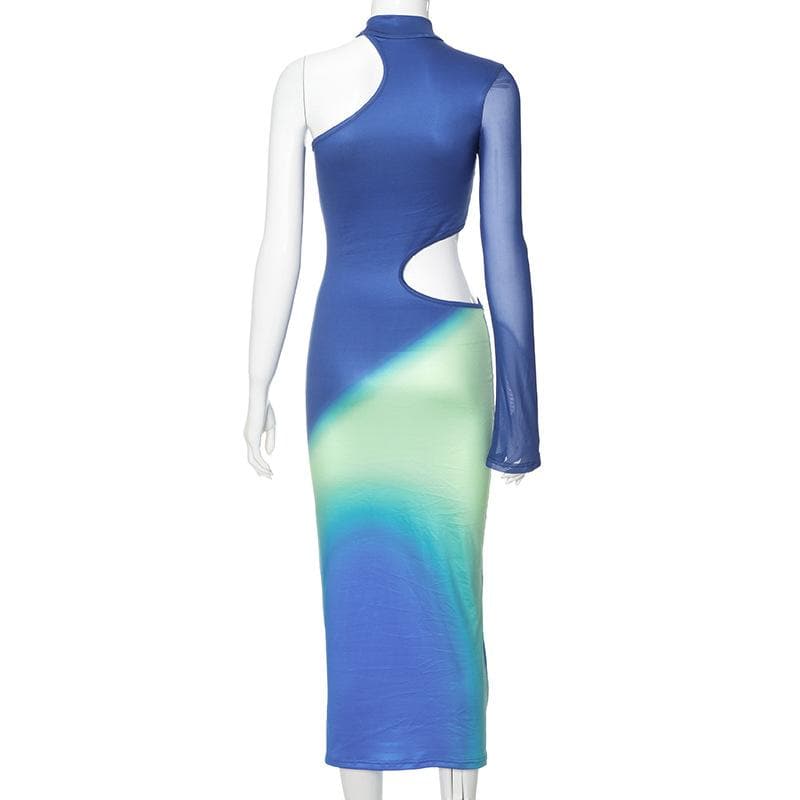 Mock Neck One-Sleeve Mesh Side Cutout Ombre Bodycon Maxi Dress