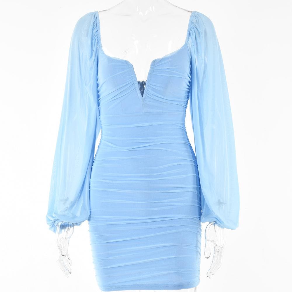 Strapless V-Notch Off Shoulder Puff Sleeve Ruched Mesh Mini Dress