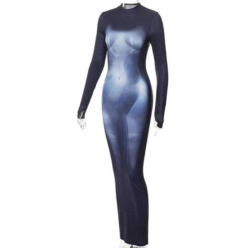 Mock Neck Thumbhole Sleeve Anatomical Graphic Maxi Dress