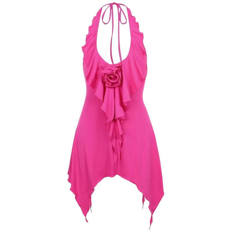 Halter Deep V Rosette Applique Ruffle Trim Asymmetric Hem Mini Dress