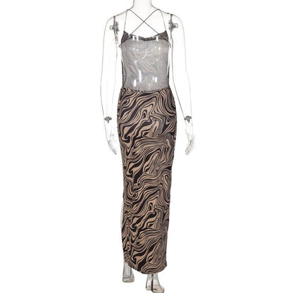 Marble Print Spaghetti Strap Cowl Neck Slit Midi Dress