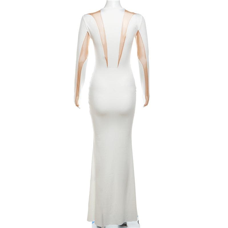 Mock Neck Long Sleeve Mesh Panel Patchwork Bodycon Maxi Dress