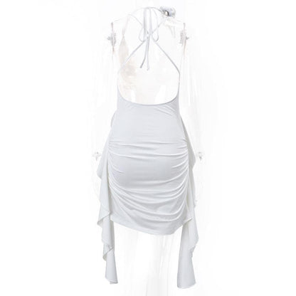 Cowl Neck Spaghetti Strap Ruched Side Drape Flower Choker Mini Dress