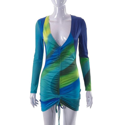 Deep V Neck Front Ruching Drawstring Tie Abstract Print Mini Dress