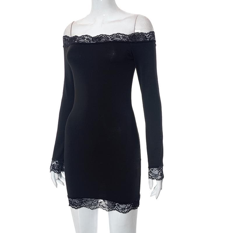 Off Shoulder Lace Trim Long Sleeve Bodycon Mini Dress
