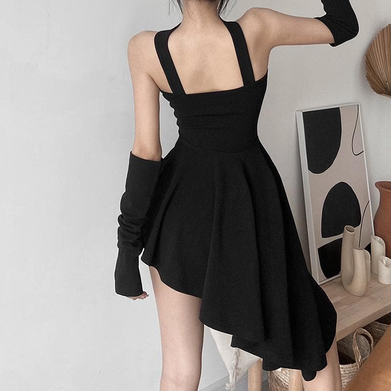 Halter Neck Chest Cutout Asymmetric Hem Detached Sleeve Mini Dress