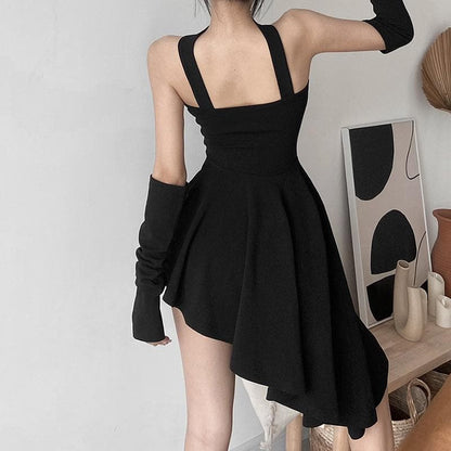 Halter Neck Chest Cutout Asymmetric Hem Detached Sleeve Mini Dress