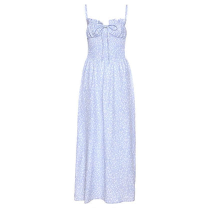 Smocked Tie Front Ditsy Floral Print Spaghetti Strap Maxi Dress