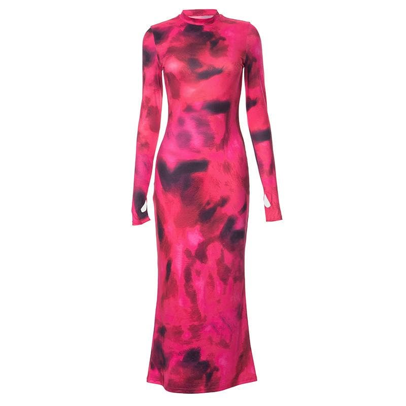 Tie Dye Print Mock Neck Thumbhole Long Sleeve Bodycon Maxi Dress