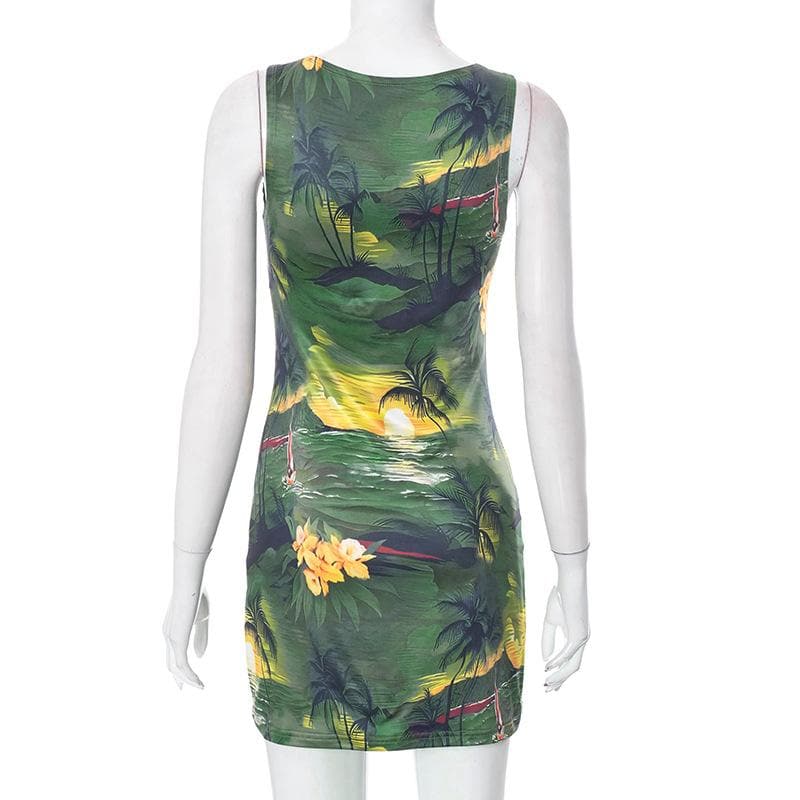 Round Neck Sleeveless Tropical Landscape Print Bodycon Mini Dress