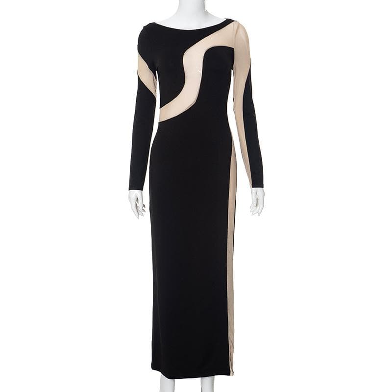 Boat Neck Long Sleeve Abstract Swirl Contrast Panel Bodycon Maxi Dress