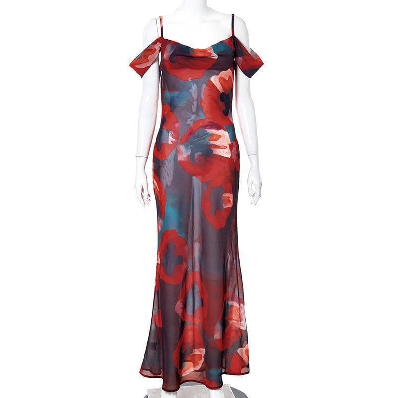 Scoop Neck Spaghetti Strap Off Shoulder Flared Sleeve Floral Mesh Bodycon Maxi Dress