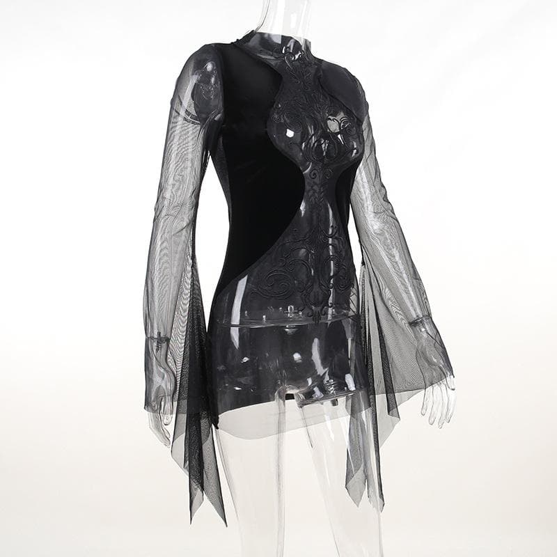 Velvet Flocked Mesh Mock Neck Bell Sleeve Gothic Mini Dress