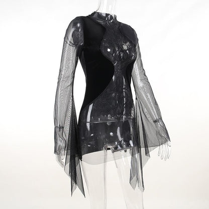 Velvet Flocked Mesh Mock Neck Bell Sleeve Gothic Mini Dress