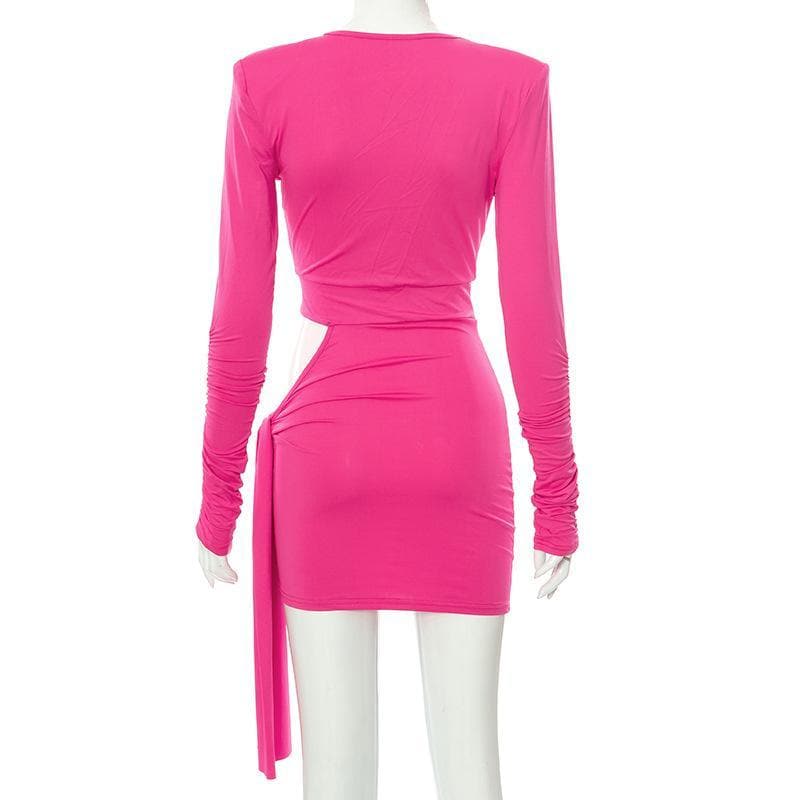 Crew Neck Padded Shoulder Multi Cutout Drape Panel Mini Dress