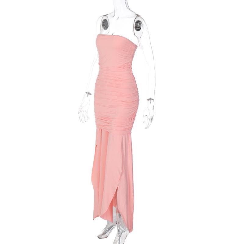 Strapless Ruched Bodice Layered High Slit Flowing Maxi Dress