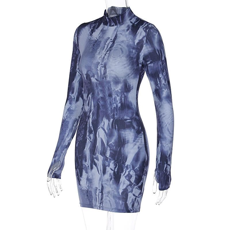 Tie Dye Print Mock Neck Thumbhole Long Sleeve Bodycon Mini Dress