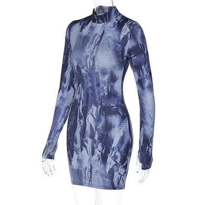 Tie Dye Print Mock Neck Thumbhole Long Sleeve Bodycon Mini Dress