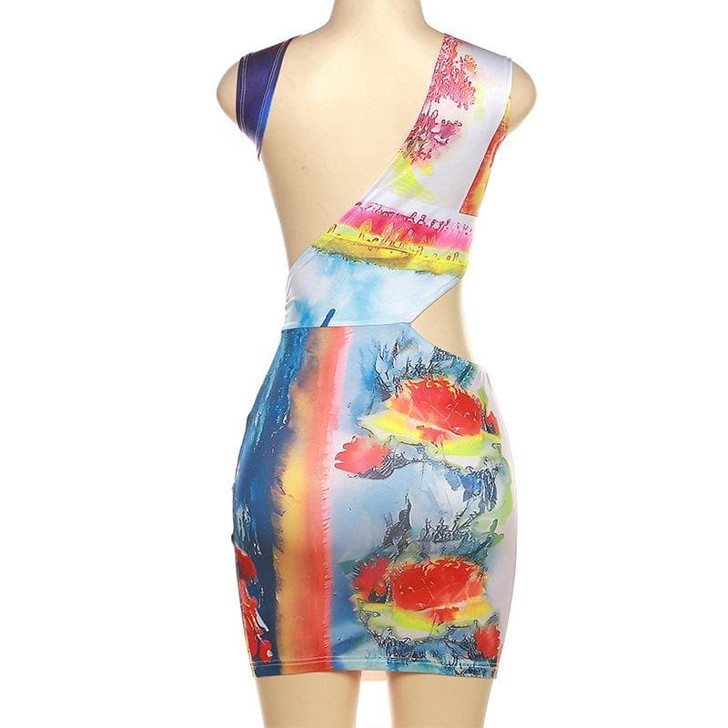 Abstract Landscape Print Cap Sleeve Waist Cutout Bodycon Mini Dress