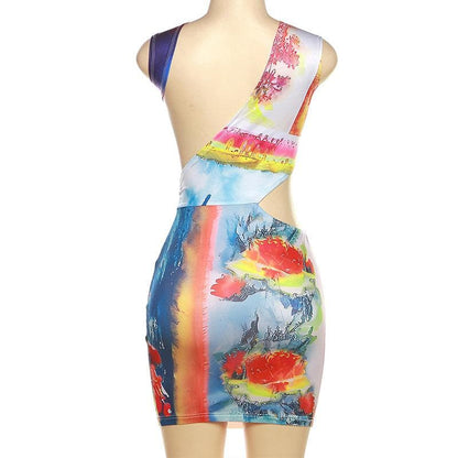 Abstract Landscape Print Cap Sleeve Waist Cutout Bodycon Mini Dress